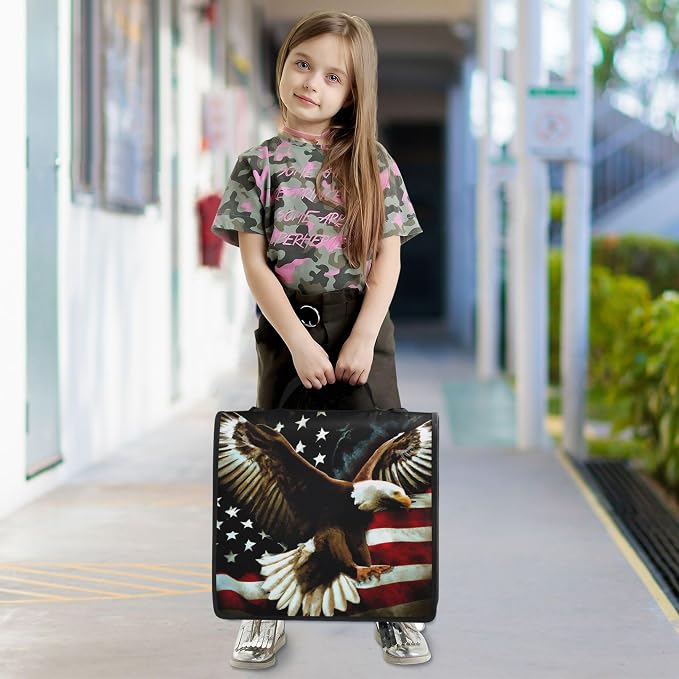 3 Ring Zipper Binder Patriotic American Theme Trapper Keeper Binder Organizer Portfolio with File and Shoulder Strap & Handle Large Capacity File Folder