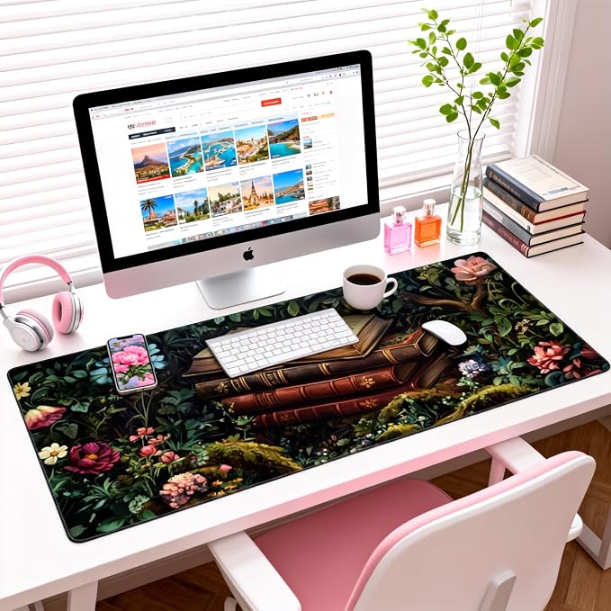 Floral Aesthetic Book Gaming Mouse Pad, Forest Green Moody Forest Desk Mat with Anti-Slip Base & Stitched Edges,35.4" x 15.7" in Desk Accessories for Women, Home Office Decor & Artistic Gift