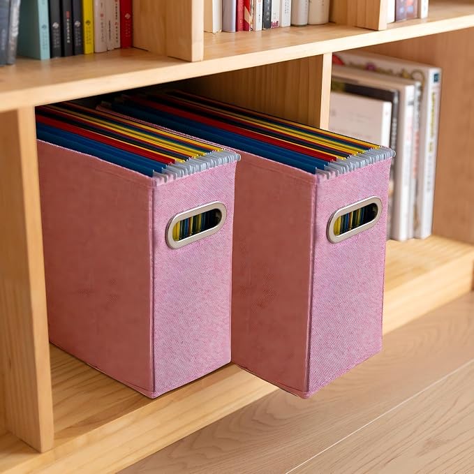 4 Pack Letter Size File Storage Box Collapsible，Fabric Hanging File Folders Organizer, Portable Office Document Holder with Metal Handle, Smooth PVC Rails, Pink