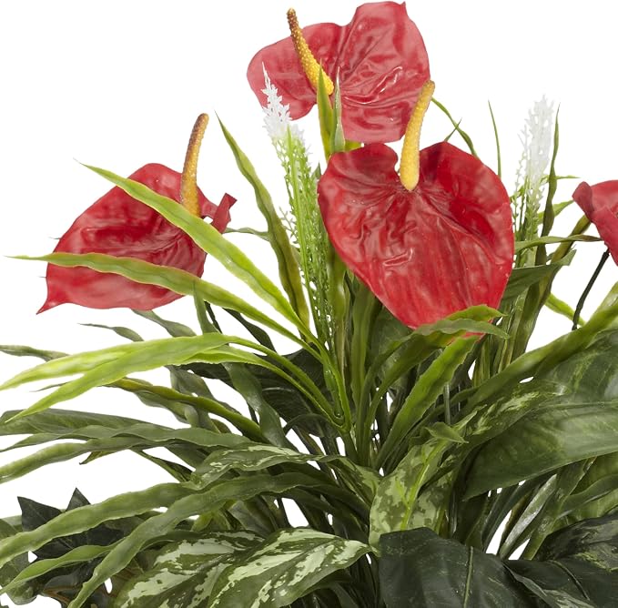 Nearly Natural 26 in Artificial Mixed Greens and Anthurium with Vase | Vibrant Red Plumage, Lifelike Textures, Decorative Vase Included, Year-Round Home or Office Decor Accent