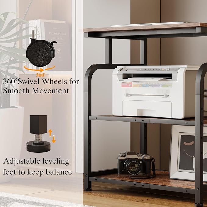 Unionly Large Rolling Printer Stand with Height Adjustable Shelf and Wheels | 3-Tier Rolling Printer Cart with Wheels, Heavy-Duty Wood Printer Table with strudy steel frame for Home Office,Rustic Brown