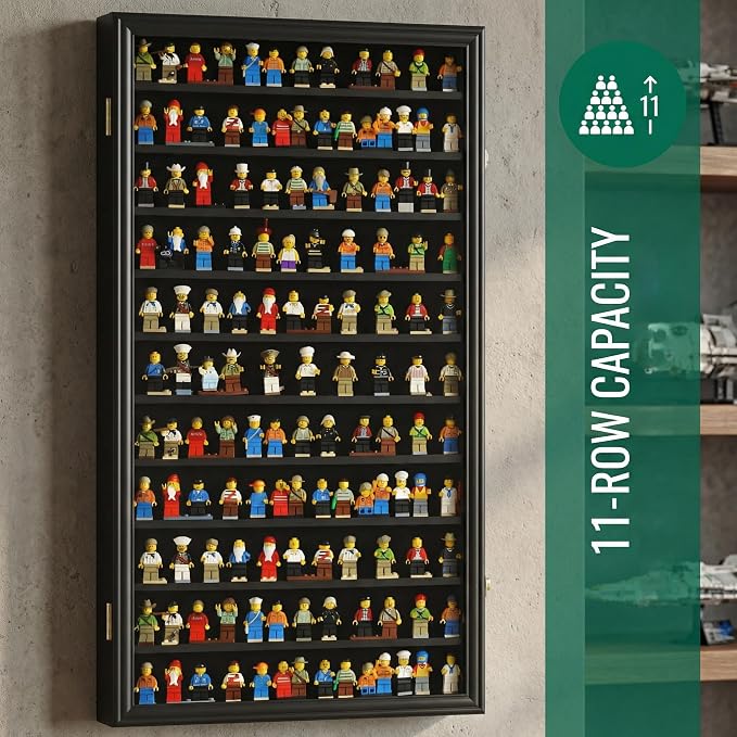 DisplayGifts Building Block Toy Minifigures Miniatures Thimble Display Case Wall Cabinet Standing Plates Included, 2.25" Shelf Height UV Protection Door Black Finish Frame