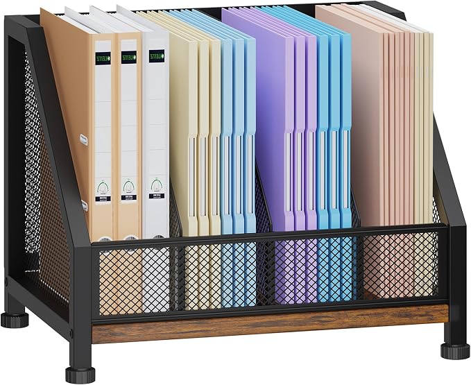 SWTYMIKI Desk Organizer - Paper Organizer, Mesh and Wood Desk Office Organizer, Office Organization and Binder Storage for Workspace, Home, School, Espresso