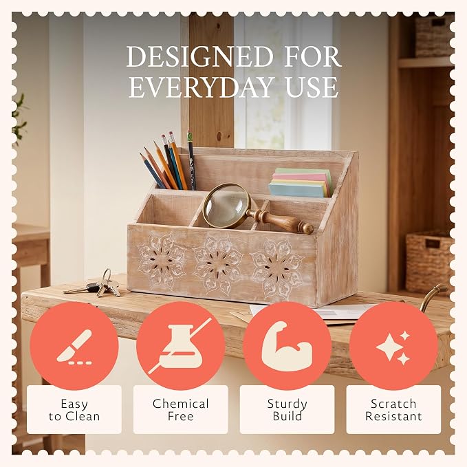 Serena Mango Wood Desk Organizer - Whitewash, 13 in | Functional mail holder featuring 5 compartments tailored for home desk organization, mail storage and rustic office decor.