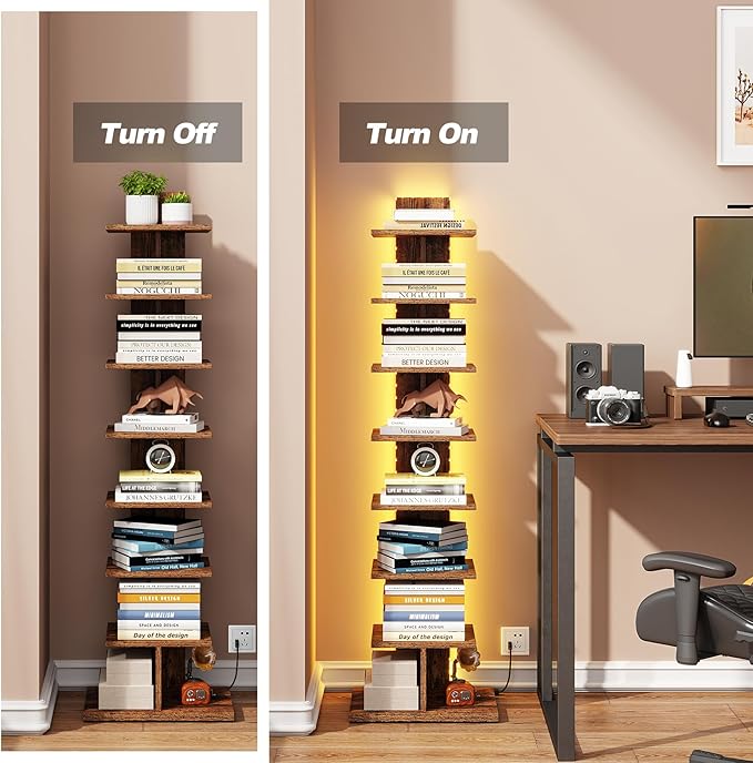 TUTOTAK Book Shelf, Narrow Spine Bookshelf, 8-Tier Bookcase with LED Lights | 10.4 x 13.4 x 47.5 Inches Vertical Freestanding Corner Shelf for Living Room, Office, Small Space, Brown BS06BB008L