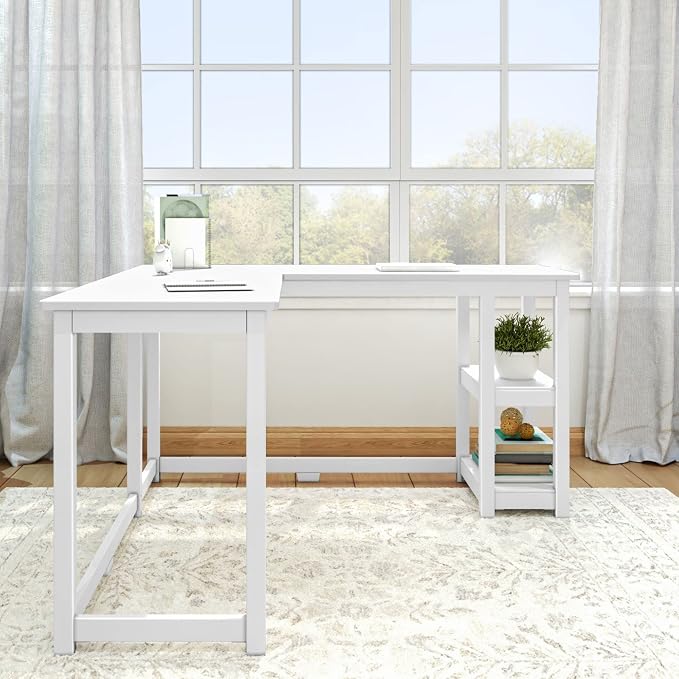Plank+Beam Classic Desk, L-Shape, 55 Inch, with Shelves, White | Wooden Corner Desk with Shelves, Non-Toxic Finishes, Large Desk Space, Engineered Wood, Matching Style, Solid Wood
