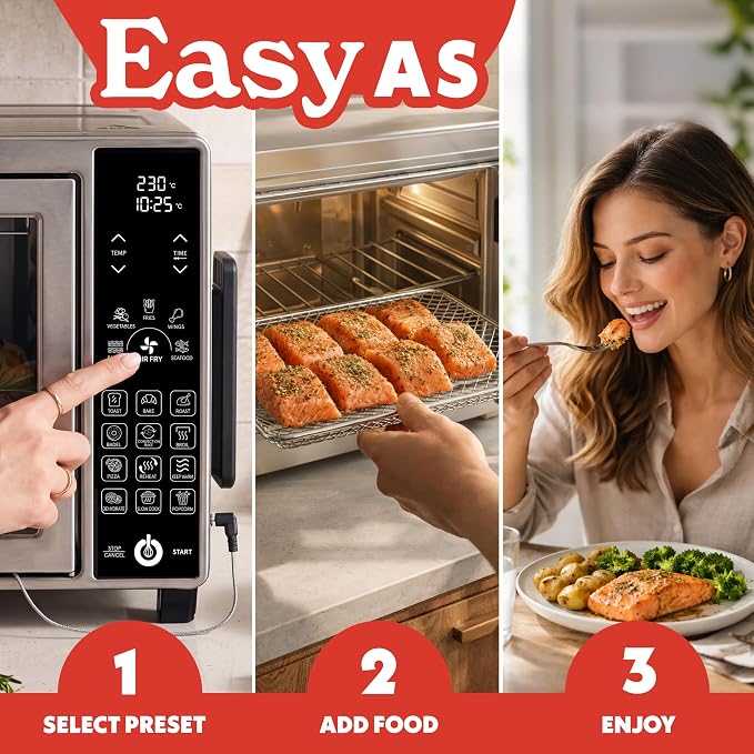 Gourmia French Door Air Fryer Toaster Oven - 6 Slice Capacity, Temperature Probe, 18 Cooking Presets, FryForce, Digital Display, 3 Rack Positions, Dishwasher-Safe Accessories, Stainless Steel