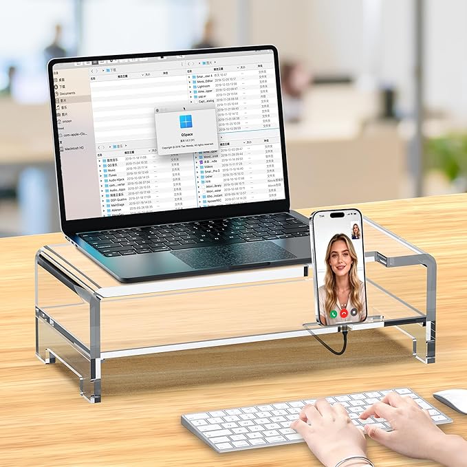 Acrylic Monitor Stand Riser Clear Laptop Stand 2-Tier L16 xW7.5 xH4.7 | Computer Monitor Stand Laptop Riser with Storage, Compatible with All Notebooks and Monitors, Desk Organizer for Home Office