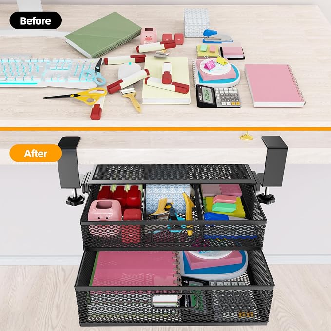Under Desk Drawer Organizer No Drilling 2 Slide Out Drawer Under Desk Storage Drawer Clamp On Under Desk Management Drawer Organizer Suitable for Home and Office