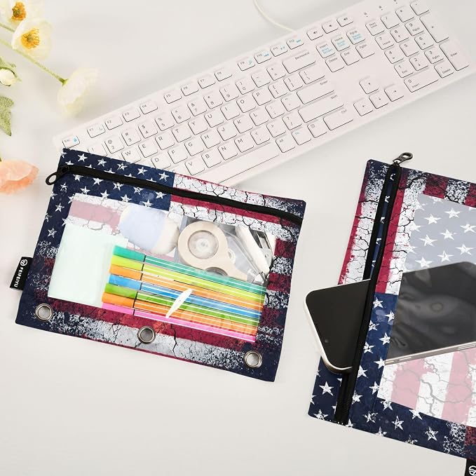 Retro American Flag Pencil Pouch for 3 Ring Binder, 2 Pack Waterproof Pencil Bags Clear Window Pencil Case Zipper School Office Supplies