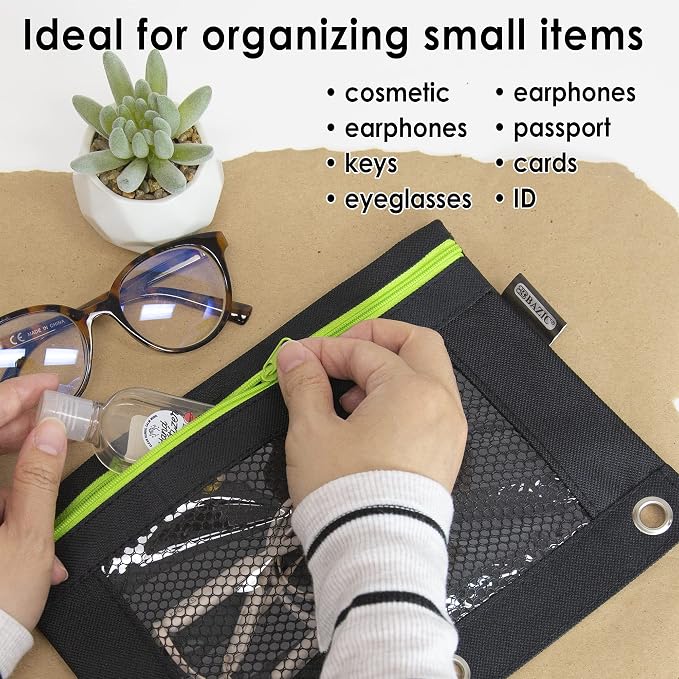 BAZIC Products Noir Neon 3-Ring Pencil Pouch with Mesh Window, 144-Case | clear mesh window and a zipper closure for pens, pencils, supplies