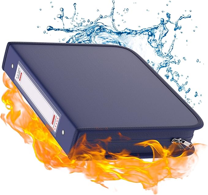 Fireproof 3 Ring Binder with Zipper, 1.5" D Rings Holds 375 Sheets | Fits Letter Size,Compatible with Clear Page Protectors,Built-in Net Pouch Pen Holder,Portable Safe Storage,1 Pack,Blue