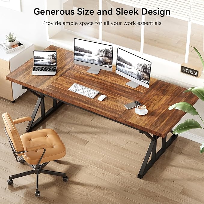 LITTLE TREE 70.8-Inch Office Desk, Wooden Executive Office Desk, Modern Work Desk, Large Farmhouse Writing Table Computer Desk for Home, Brown-Black