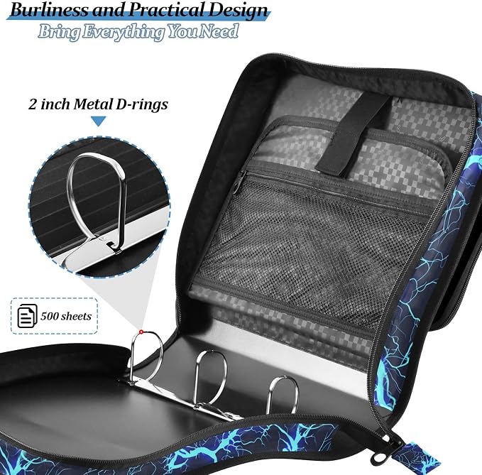 Custom Blue Black Electric Lightning 3 Ring Binder Bag 1.5 inch Personalized Name Binder Organizer 500 Sheet Documents Storage for School Office