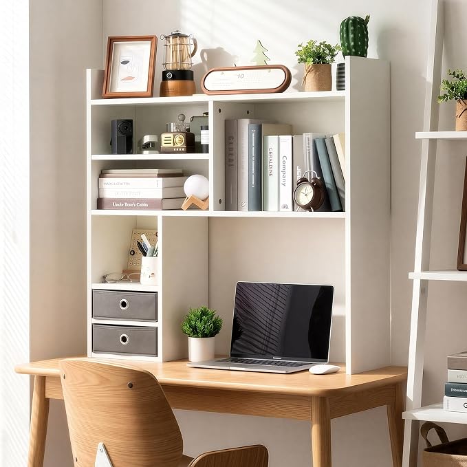 deli Desktop Bookshelf, High-Capacity Desk Hutch Organizer, White | with 7 Shelves and 2 Drawers for Computer Desk, Desk Shelf Organizer for Dorm Office Home