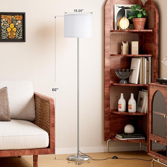60'' Modern Floor Lamp with Shade, Tall Lamps for Living Room, Bedroom, Office, Dining Room, White Shade with Silver Pole(Without Bulb)