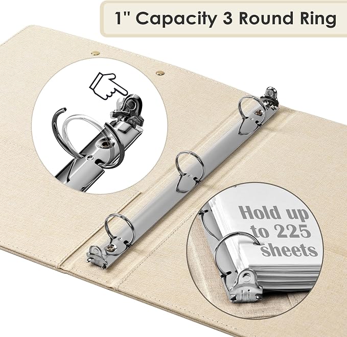 EYROZILL 3 Ring Binder, 1 Inch Linen Binder Organizer for Letter Size (8.5" x 11") with 5 Tab Dividers, File Folder Labels and Low Profile Clipboards, School and Office Supplies-Apricot