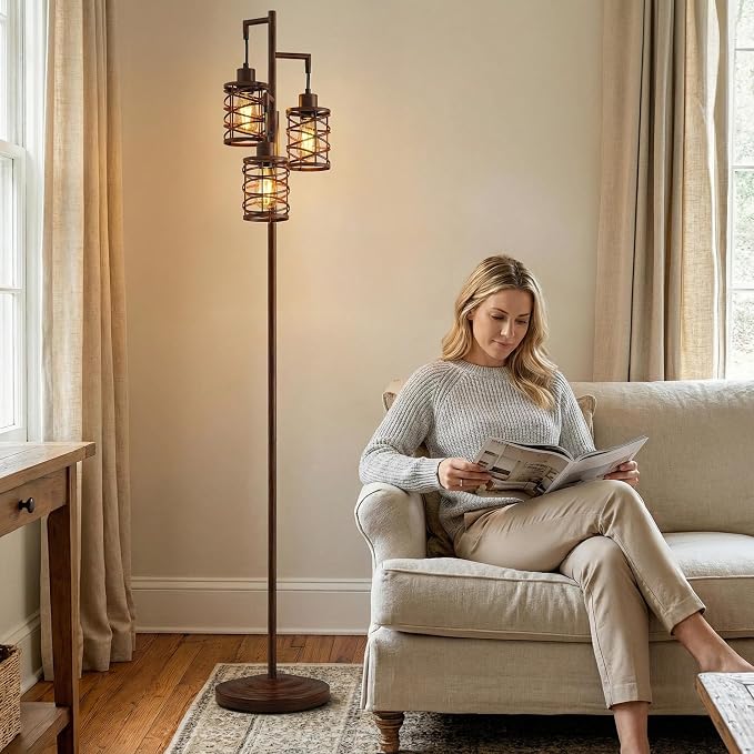 70" Industrial Floor Lamp, Stepless Dimmable Standing Lamp with 3 Bulbs, Farmhouse Corner Standing Tree Lamp for Living Room, Tall Lamps for Bedroom, Office, Study Room, Dining Room