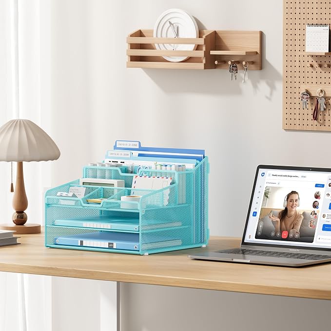 Lavatino Desk Paper File Organizer - Metal Mesh with 2 Letter Trays, 7 Flexible Dividers, 2 Vertical File Folder Holders for Office/Home/Classroom Supplies, Desk Organizers and Accessories, Blue