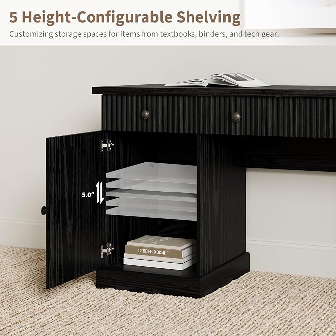Garvee 60" Office Desk with Storage & Drawers for Home Office, Black | Fluted Wood Executive Desk with File Drawers & Charging Station, Modern Computer Desk with Adjustable Shelves