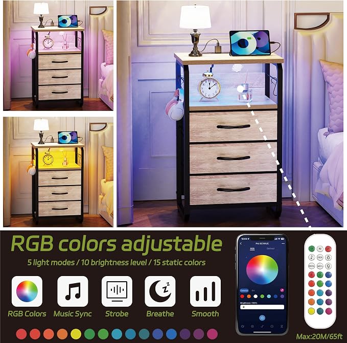 runjuly End Tables Set of 2 with Charging Station, LED Light, Hooks, Greige | 3 Large Fabric Drawers, USB C Ports & Power Outlets, Metal Night Stand Pair, Storage Nightstand for Living Room / Bedroom