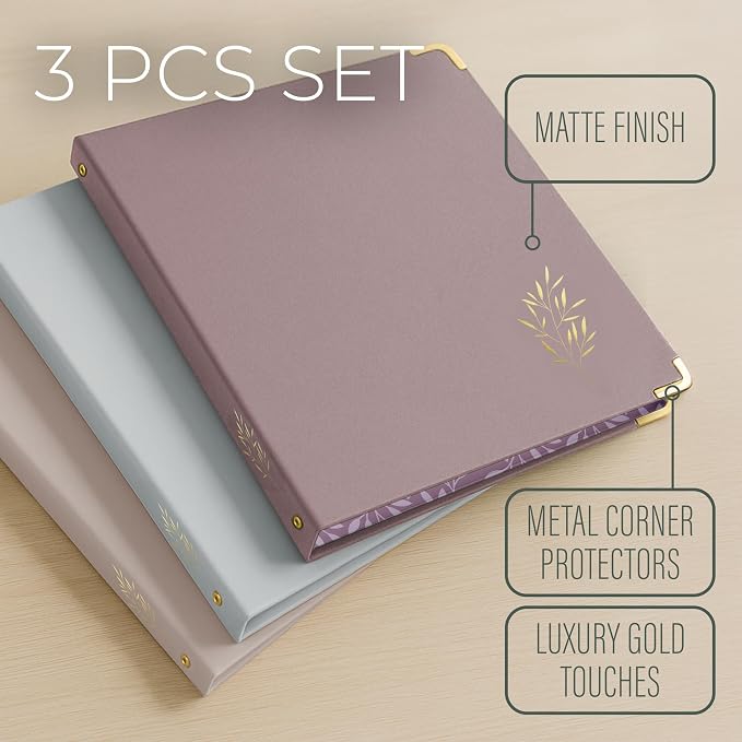 3 Ring Binder 1-Inch Rings – 3-Pack of Cute Binders with Pockets, Gold-Foil & Metal Corners – 1 Inch Binders 3 Ring Cute for School, Office & Work – 1" Pastel Three-Ring Binder One Inch