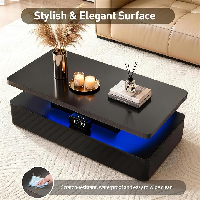 47" Modern LED Coffee Table, 2 Tier Rectangular Center Table with 16 Colors Lights & Large Storage Space, High Glossy Wooden Tea Table for Living Room, Bedroom, Home Office, Black
