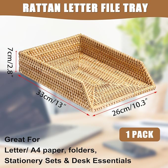 BTSKY Rattan Letter Tray for A4 File Desk Mail Letter Letter-Size Paper, Basket Woven Organizer, Office Document Organizer and Storage, Desk File Organizer Paper Tray, Paper Holder 13x10.3x2.8 Inch