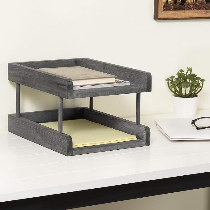 MyGift 2-Tier Rustic Gray Wood Paper File Organizer in and Out Tray/Office Desktop Document Holder Rack