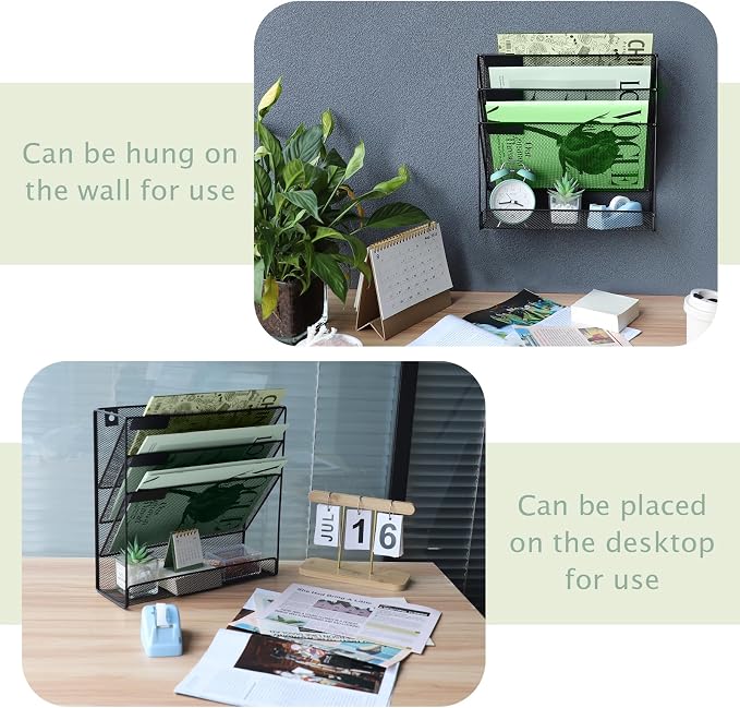 3 Pockets Mesh Wall File Holder Organizer with Bottom Flat Tray, Office Hanging File Folder Magazine Rack, Nametag Label Hooks Set Included, Black