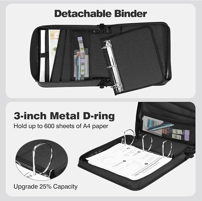 MoKo Zipper Binder, 3-Inch 3-Ring, 600 Sheets, 6-Tab File Folders, Black | Waterproof 900D polyester with six dividers, multiple pockets, a handle and adjustable shoulder strap.