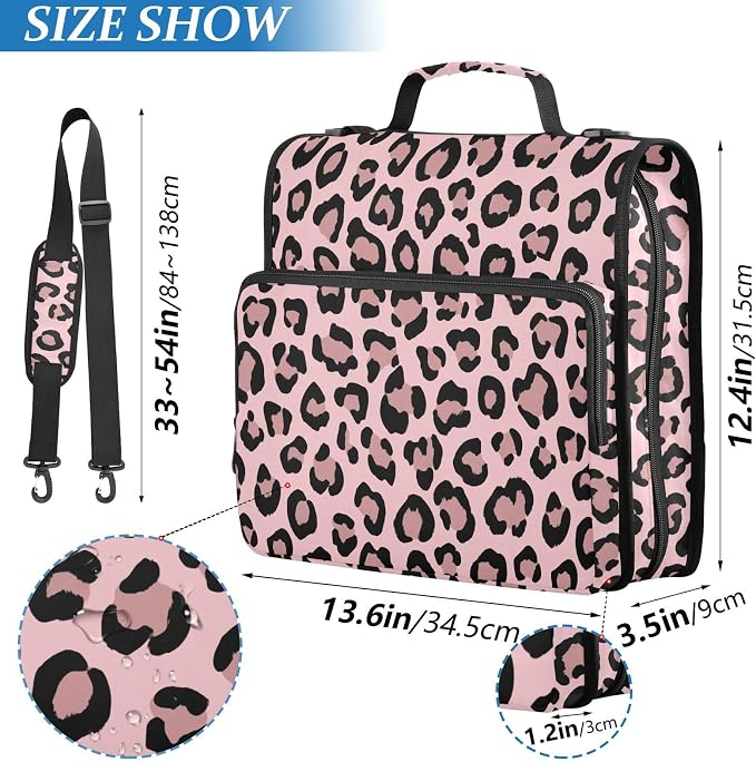 Leopard Pink Pattern 3 Ring Zipper Binder with Shoulder Strap & Handle 1.5 Inch D-Ring Zippered Bag with Pencil Pouch,Multiple Pocket & Expanding File Folder, Binder Organizer for School or Office