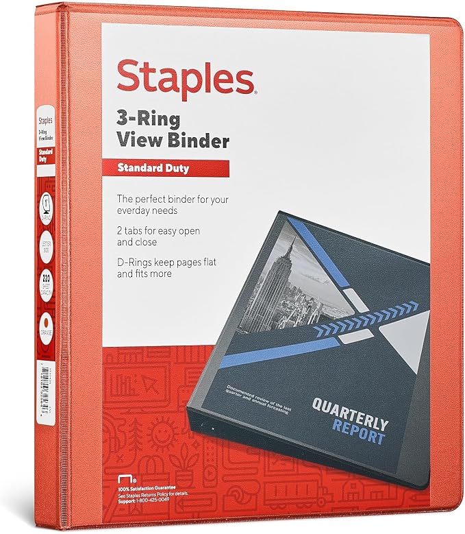 Staples Standard 1-Inch 3-Ring View Binder, Orange, 220 Sheets | Compact binder for office, school, and home document organization.
