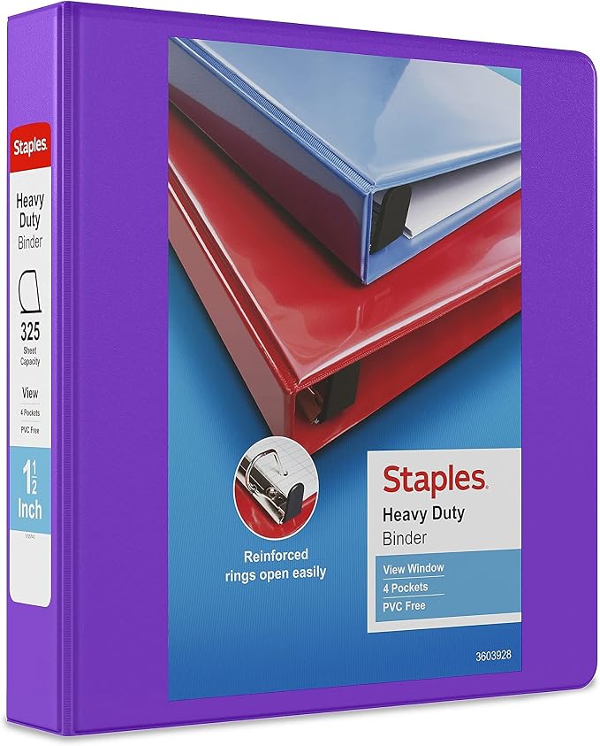 Staples Heavy‑Duty 1.5‑Inch 3‑Ring View Binder, Purple, Durable D‑Rings, Four Interior Pockets, Clear Overlay for Custom Covers, 3‑Pack