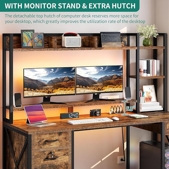 YITAHOME 59" Computer Desk with Hutch, Drawers, Power & LED, Rustic Brown | Hutch & Drawers, Built-in Power Outlets, Gaming Desk with LED Lights, Storage Shelves, for Home Office Gaming