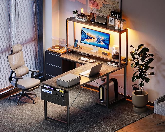 AODK L Shaped Desk Gaming Desk with LED Light & Power Outlet | 53 Inch Grey Oak Reversible L Shaped Computer Table with Shelf & Storage Bag & Hook for Home Office