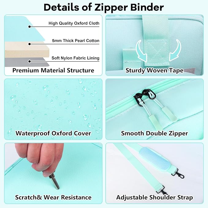 3 Inch D-Ring Zipper Binder Bag, 700 Sheet Capacity Multi-Pockets Organizer, 13 Inch Laptop Carrying Case with Bottle Holder& Shoulder Strap for School Office (Blue)