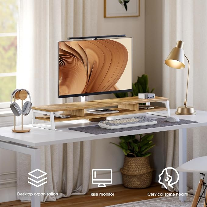 Fenge Dual Monitor Riser for Desk, Open Shelf with 3 Storage Compartments | 42.5in Computer Monitor Stand, 2-Tier Desk Shelf for Top of Desk,One-Piece Panel, fit Ultrawide Monitor, PC, Laptop, Dark Oak