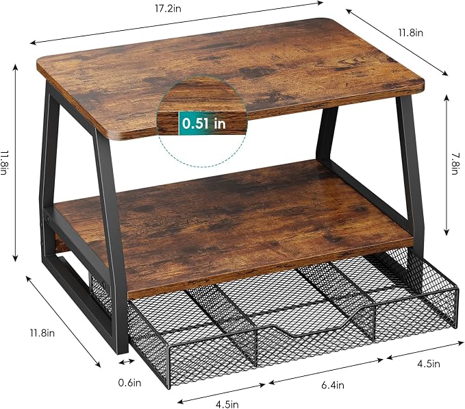 Printer Stand with Storage - Printer Table Office Organizer for Desk Top Organizing, 2-Tier File Holder, Paper Storage and Desktop Shelf for Computer Printer Stand with Drawers Rustic Brown