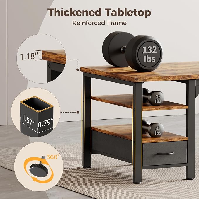 63" Computer Desk with Drawer, 1.2" Thick Reversible Office Desk | Modern Writing Table with Power Outlets & Storage Shelves, Heavy Duty Industrial Executive Desk for Home Bedroom Study Work