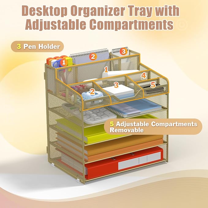 Docnest 5 Tier Mesh Desk Organizer with Letter Tray & Paper Sorter, Gold | Features 3 built-in pen holders & 5 adjustable compartments on top. Includes 4 non-slip rubber feet for desk protection