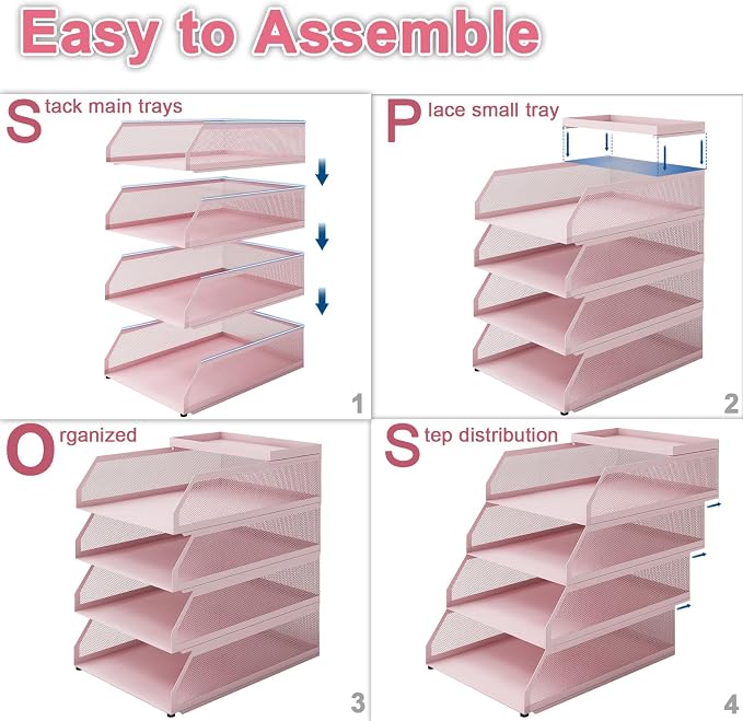 Natwind 4-Tier Stackable Metal Mesh Desk Paper Tray Organizer,Pink | Desktop Accessories for Office Supplies, Letter Tray For Paper Storage ,File Document Holder For Home School Classroom