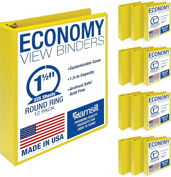 Samsill 1.5 Inch 3 Ring Binders, Economy Round Ring, Clear View Cover, 325 Sheet Capacity - for School, Home, Office - Yellow, 12 Pack
