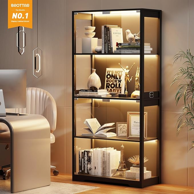 BROTTAR Display Cabinet with Glass Doors, 4-Tier Display Case, Black | Curio Cabinet with 3 Color Lights for Collectibles, Storage Cabinets with Human Body Sensor