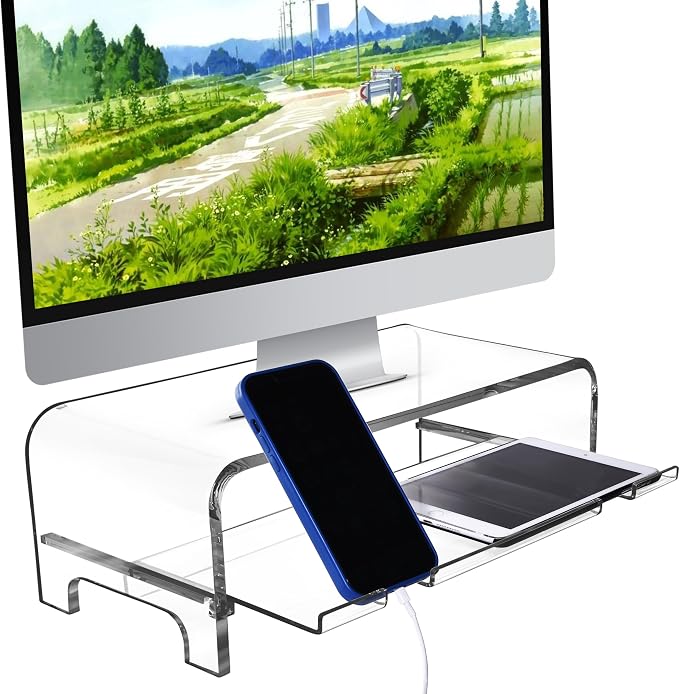 AMT 2 Tier 5.7 Inch High Acrylic Laptop Monitor Stand & Computer Riser with Cat Keyboard Protector, Space-Saving Design, Extra Storage, Clear Shelf - Ideal for Monitors, Laptops, Printers, Desktop