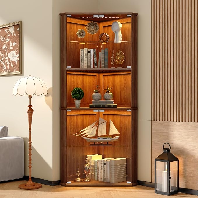 kepptory 72" Corner Curio Cabinet with RGB LED Lights, 6-Tier Glass Display Cabinet with Adjustable Shelves, Lighted Corner Showcase for Collectibles, China, Glassware, Living Room Home Bar