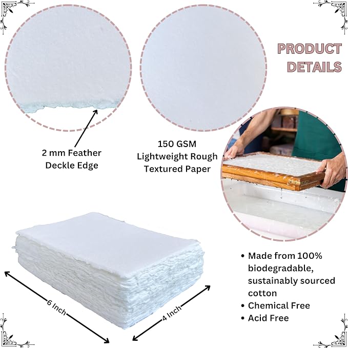 Handmade Cotton Paper with Deckle Edge Recycled Cotton Rag Mixed Media Card Stock for Postcards, Invitations, Crafts and Announcements (150gsm, 4x6 inch "A6", 50 Pack)