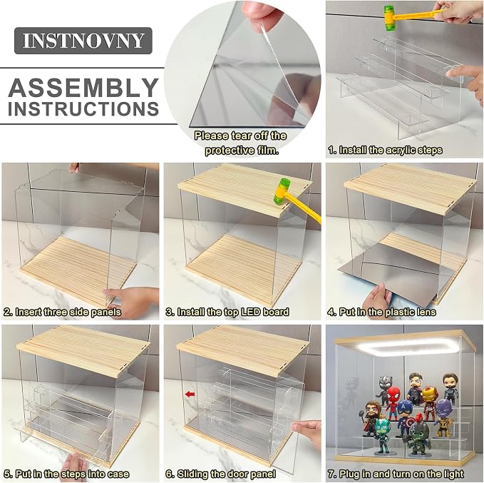 Clear Acrylic Display Case with Light 6 Tier Display Storage Box Assembly Dustproof Showcase for Collectibles Action Figures(Wood, 19.1*12.0*15.7inch)