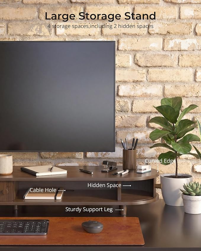 42 Inch Curved Dual Monitor Stand Riser with Storage Desk Shelf | Double Computer Stand with Sliding Doors for 55-72 Inch Cozy Workplace Computer Setup Desk Organizer Toasted Bamboo Color