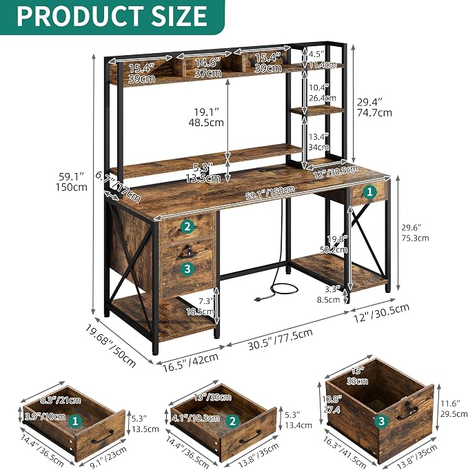 YITAHOME 59" Computer Desk with Hutch, Drawers, Power & LED, Rustic Brown | Hutch & Drawers, Built-in Power Outlets, Gaming Desk with LED Lights, Storage Shelves, for Home Office Gaming